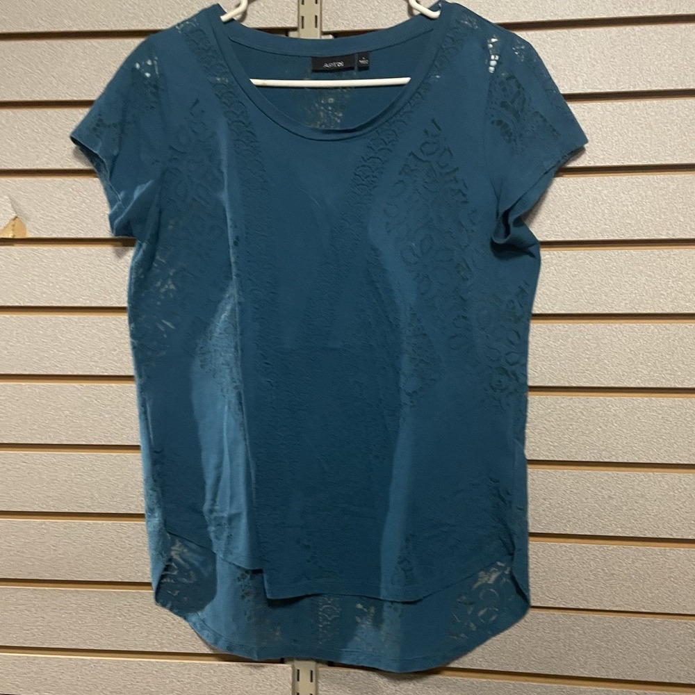 Apt 9 Small S Deep Teal Short Sleeve Blouse Dress Shirt See Through EUC